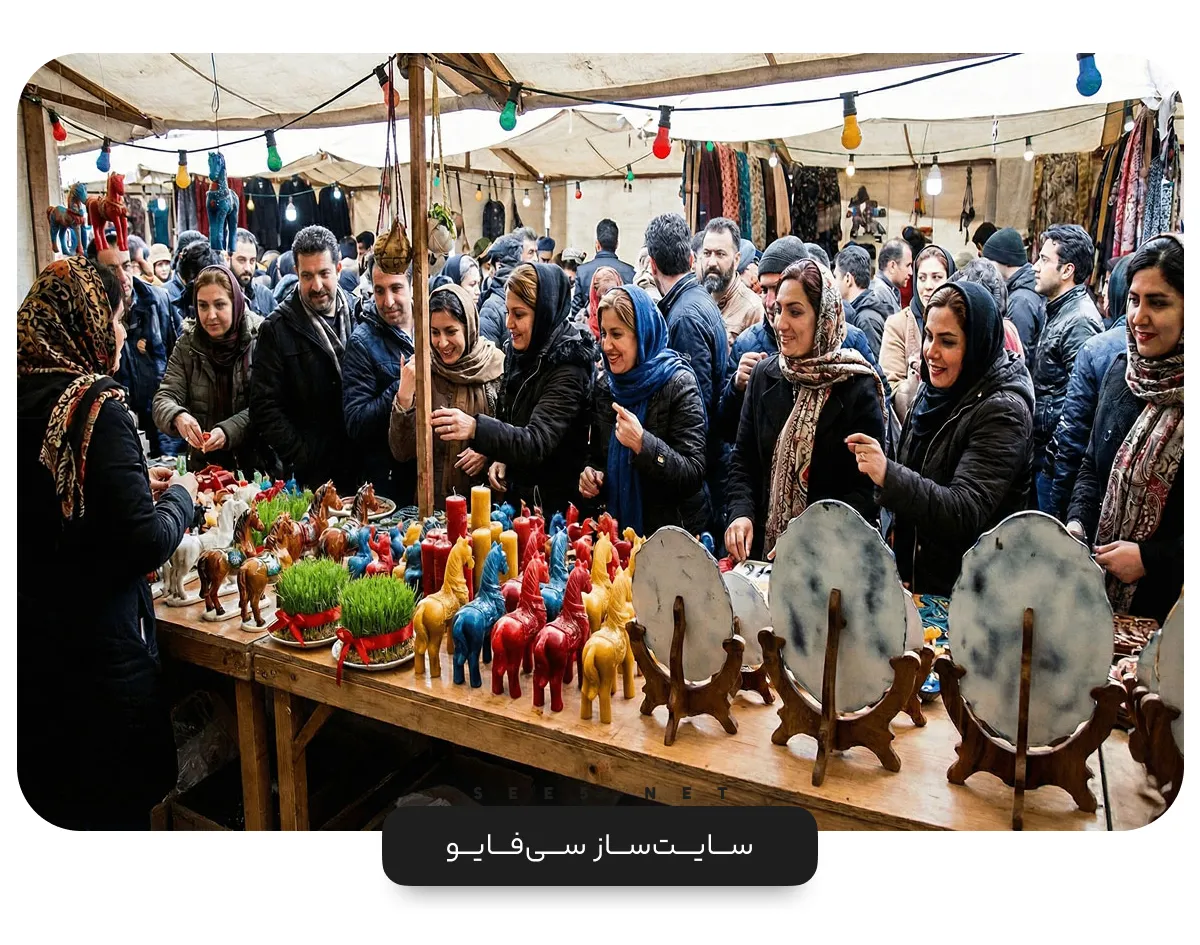 بساط فروش تزیینات سفره هفت‌سین و شمع‌های طرح سال در بازار شلوغ؛ تحلیلی بر بازار پررونق و فروش شب عید در ایران.